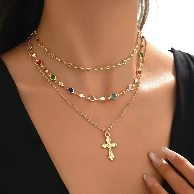 Layered Gold Tone Cross Necklace with Colorful Rhinestone Accents