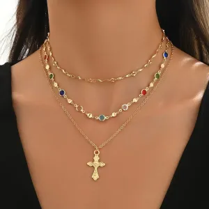 Layered Gold Tone Cross Necklace with Colorful Rhinestone Accents