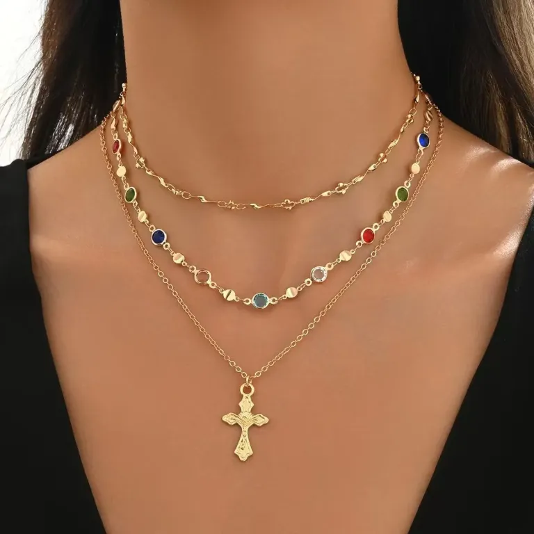 Layered Gold Tone Cross Necklace with Colorful Rhinestone Accents