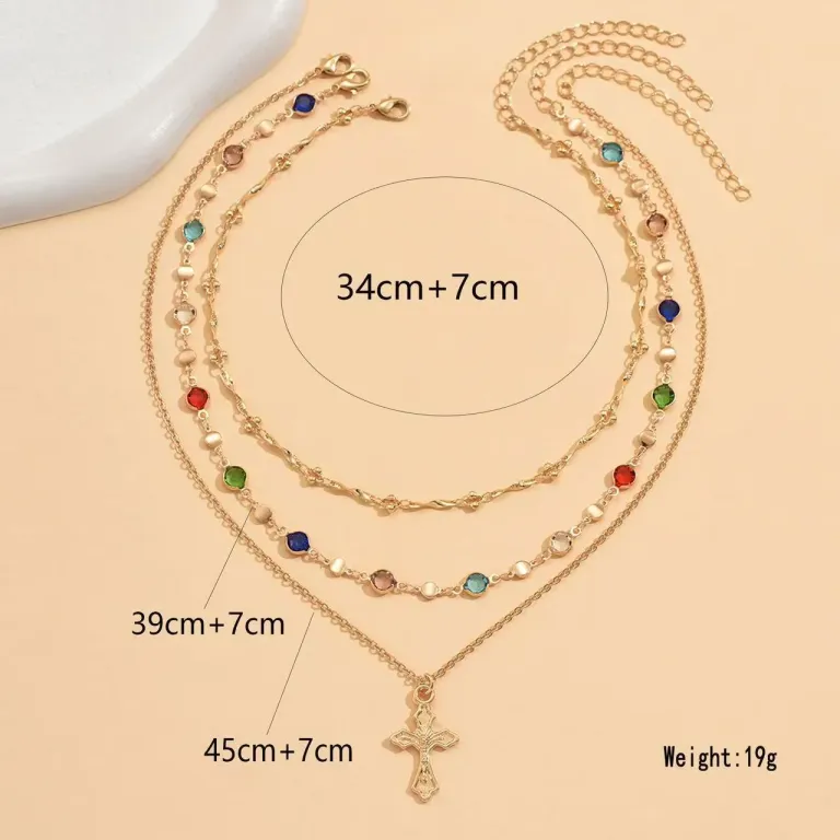 Layered Gold Tone Cross Necklace with Colorful Rhinestone Accents