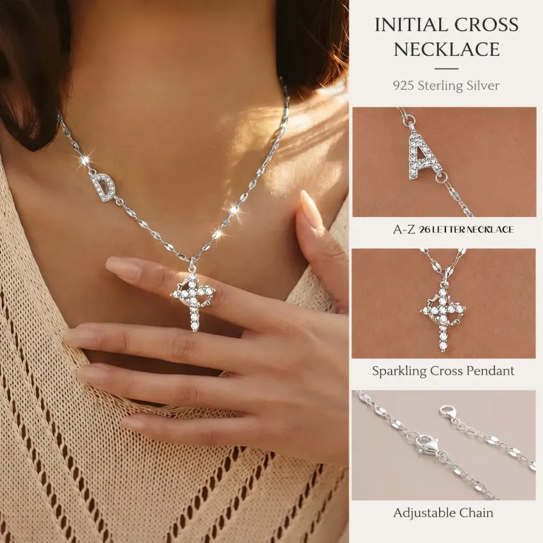 Personalized Initial Cross Necklace with Sparkling Letter Charm