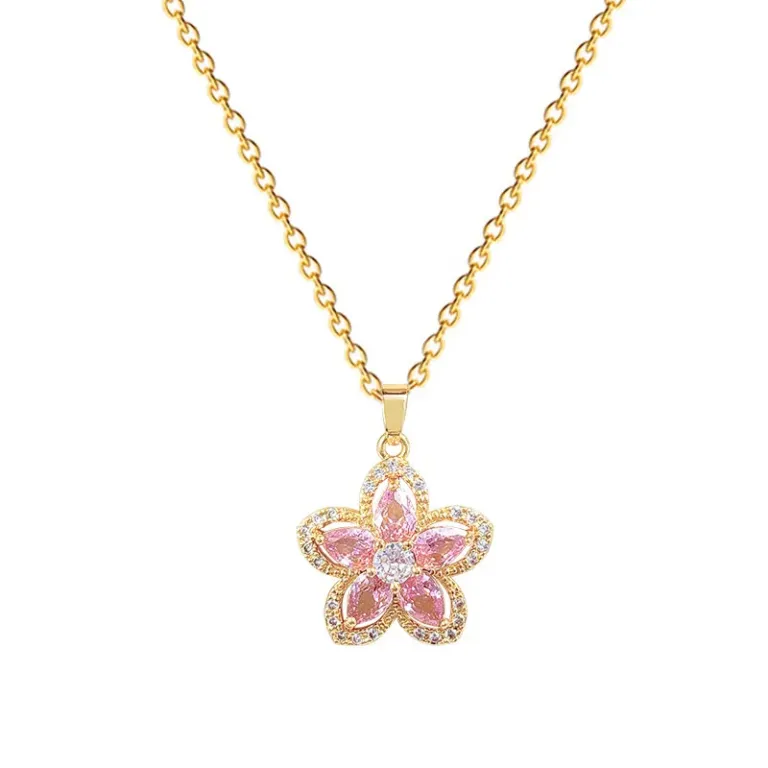 Pink Five Petal Flower Collarbone Necklace with Sparkling Crystal Accents