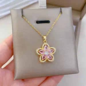 Pink Five Petal Flower Collarbone Necklace with Sparkling Crystal Accents