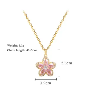 Pink Five Petal Flower Collarbone Necklace with Sparkling Crystal Accents