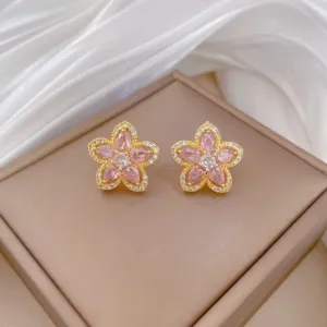 Pink Five Petal Flower Collarbone Necklace with Sparkling Crystal Accents Earring