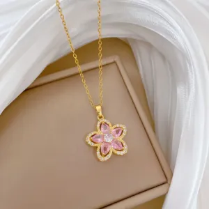 Pink Five Petal Flower Collarbone Necklace with Sparkling Crystal Accents Necklace