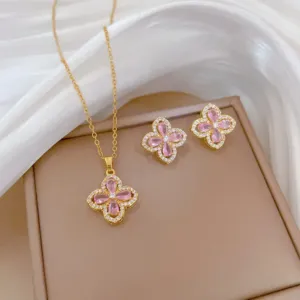 Pink Five Petal Flower Collarbone Necklace with Sparkling Crystal Accents Sets