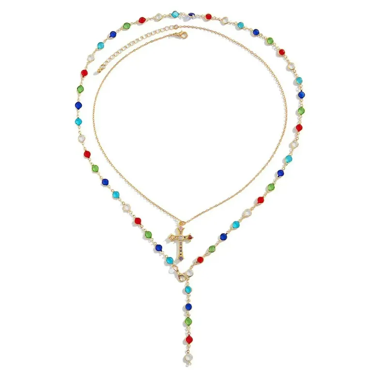 Unisex Layered Cross Necklace with Colorful Crystal Tassel