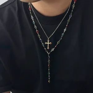 Unisex-Layered-Cross-Necklace-with-Colorful-Crystal-Tassel-20260706092007 Unisex Layered Cross Necklace with Colorful Crystal Tassel