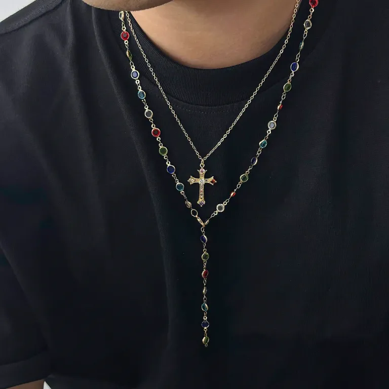 Unisex-Layered-Cross-Necklace-with-Colorful-Crystal-Tassel-20260706092007 Unisex Layered Cross Necklace with Colorful Crystal Tassel