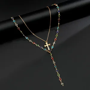 Unisex-Layered-Cross-Necklace-with-Colorful-Crystal-Tassel-20260706092012 Unisex Layered Cross Necklace with Colorful Crystal Tassel
